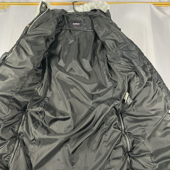 Southpole Coat Womens Medium Black Long Down Puffer Hood Faux Fur Zip Quilted - Picture 15 of 16
